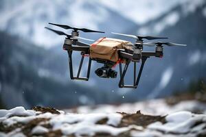 AI generative. A drone flies through the snowy mountains and delivers an order. photo