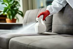 AI Generative. A disinfectant in a protective suit sprays furniture to get rid of bed bugs photo