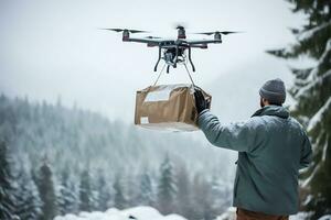 AI generative. Drone delivery of an order or first aid to tourists in a winter forest in the mountains photo