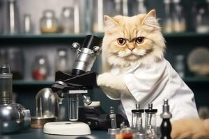 Cat professor posing in the laboratory near the microscope.  AI Generative photo