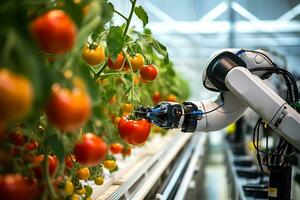 AI Generative. smart robotic in agriculture futuristic concept, robot farmers must be programmed to work to collect vegetable and fruit by using deep learning and object recognition technology. photo