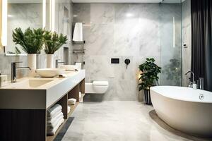 Luxurious and stylish white bathroom interior. AI Generative photo