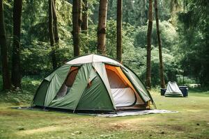 A tourist tent stands on a lawn in the middle of a forest in the morning sunny weather. AI Generative photo