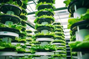 Inside of Greenhouse Hydroponic Vertical Farm Eco system with rows of seedlings of various sorts of garden vegetables growing on shelves ready for harvest. AI Generative photo