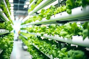 Inside of Greenhouse Hydroponic Vertical Farm Eco system with rows of seedlings of various sorts of garden vegetables growing on shelves ready for harvest. AI Generative photo