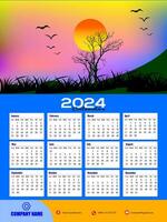 2024 One page wall calendar design template, modern 12 months one page calendar. Modern wall calendar design 2024. Print Ready One Page wall calendar template design for 2024. Week starts on Sunday. vector