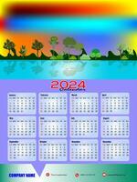 2024 One page wall calendar design template, modern 12 months one page calendar. Modern wall calendar design 2024. Print Ready One Page wall calendar template design for 2024. Week starts on Sunday. vector