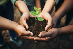 Close up of african american children holding green plant in soil, Hands of diverse people holding a seedling in the soil together, AI Generated photo