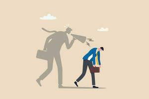 Self criticism, negative critic thinking to blame yourself, guilt or depression to rant or inner anxiety, anger or stress psychology concept, depressed businessman self shadow blame with megaphone. vector