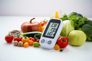 Glucose meter with result of measurement sugar level and fresh organic vegetables on white background, Healthy eating concept. Glucose meter, fresh vegetables and, AI Generated photo