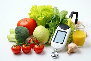 Glucose meter, fresh vegetables and fruits on a white background, Healthy eating concept. Glucose meter, fresh vegetables and stethoscope on white background, AI Generated photo