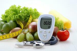 Glucose meter with result of measurement sugar level, fresh fruits and vegetables, concept of healthy nutrition, Healthy eating concept. Glucose meter, fresh vegetables and, AI Generated photo