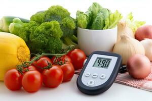 glucómetro con resultado de medición azúcar nivel y Fresco verduras, aislado en blanco, sano comiendo concepto. glucosa metro, Fresco vegetales y estetoscopio en blanco fondo, ai generado foto