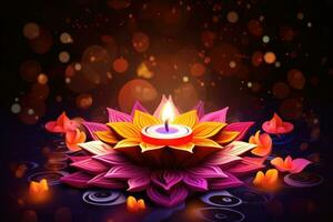 Happy Diwali festival of lights background with diya. Vector illustration, Happy Diwali festival of lights background with diya and flowers, AI Generated photo