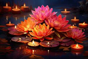 Beautiful lotus flowers and candles on the water with reflection, Happy Diwali festival of lights background with diya and flowers, AI Generated photo