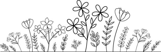 Hand-drawn wildflowers meadow. Black and white doodle wildflowers and grass plants. Monochrome floral elements. vector