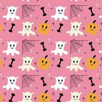 Halloween  pattern cute ghosts, spider web and pumpkins on a pink background. vector