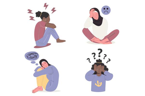 Set of different international women in depression
