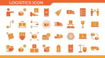 Logistics icon set. Delivery, shipping, distribution, shipping, transportation, cargo, freight, route planning, supply chain, export and import icons. Vector solid icon collection.