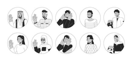 Arabian middle eastern black and white 2D vector avatars illustration set. Muslim women, men outline cartoon character faces isolated. Turkish female, saudi man flat user profile image collection