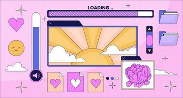 Pc retro y2k desktop lofi wallpaper. Nostalgic computer interface 2D scene cartoon flat illustration. Upload files. Sunshine, peony, hearts chill vector art, lo fi aesthetic colorful background