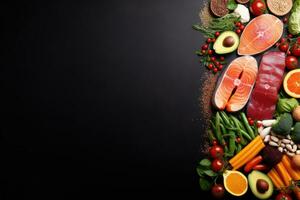 Healthy food background with fresh vegetables and meat on black table, top view, Healthy food clean eating selection fish, fruits, vegetables, cereals and nuts, AI Generated photo
