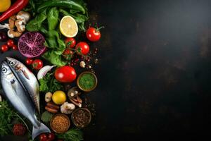 Fresh fish, vegetables and spices on black background. Top view with copy space, Healthy food background. Fresh vegetables, fish, fruits and nuts, AI Generated photo