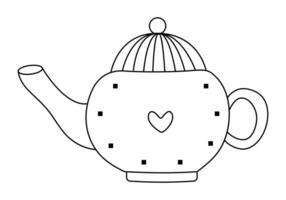 Black line round kettle with a heart and squares, cute monochrome teapot, vector illustration of teakettle