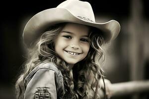 AI Generative. Cowgirl child in cowboy hat looking at camera and smiling. Horizontal photo