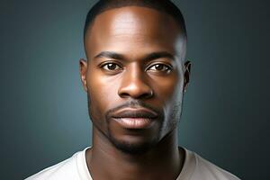 A young African American man in a white t-shirt poses against a dark background. man looking at camera.  AI Generative photo