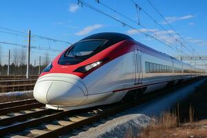 AI Generative. High-speed train on the way. The train arrives or departs from the station. Horizontal photo