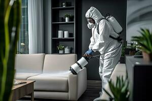 AI Generative. A disinfectant in a protective suit sprays furniture to get rid of bed bugs. photo
