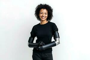 A disabled African American woman in black clothes with a prosthesis instead of a hand poses on a white background. Woman smiling and looking at the camera. AI Generative photo