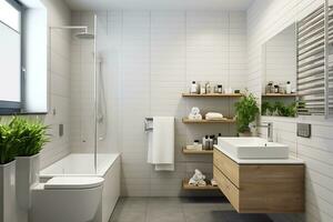 Scandinavian style white bathroom interior. The bathroom is lit with daylight and electric lamps.  AI Generative photo