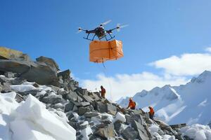 AI generative. A drone delivers an order or first aid in an orange package flying through the snowy mountain peaks in sunny weather photo