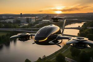 ai generativo. ciudad aire Taxi, autónomo alta velocidad zumbido aeronave, futuro de aire movilidad foto