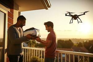 AI generative. A drone delivers food, drinks or medicine in a cardboard box to a homosexual male couple directly on their balcony. photo