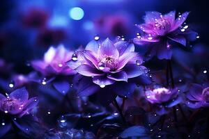 AI Generative. Deep purple flowers with droplets. Horizontal illustration photo