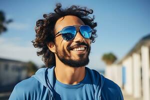 Young Caucasian man in a blue sweatshirt and blue sunglasses laughs and poses on the street.  AI Generative photo