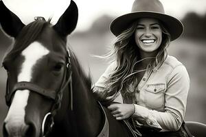 AI Generative. A young cowgirl woman in a cowboy hat laughs. Photography in black and white. Horizontal photo