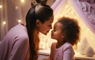 africano americano madre y hija en rosado ropa y en un rosado para niños habitación interior abrazando y sonriente. ai generativo foto