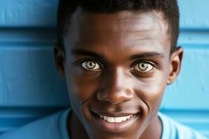 Photo of a happy African American man after cosmetic keratopigmentation with a femtosecond laser. Brown eyes changed to green. AI Generative