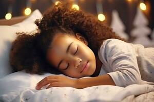 africano americano bebé niña dormido en cama en un oscuro para niños habitación iluminado por guirnaldas ai generativo foto