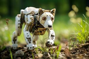 AI Generative. A robot dog moves across a field during the daytime. Horizontal photo