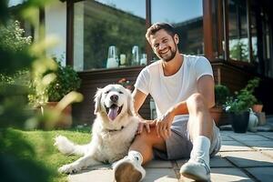 un hombre en un blanco camiseta y pantalones cortos poses con su perro en el patio de el casa en un soleado día. hombre mirando a cámara y sonriente. ai generativo foto