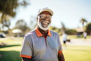 AI Generative. An elderly smiling African-American man plays golf enthusiastically on a green course. Horizontal photo