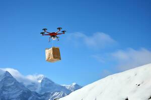 AI generative. A drone delivers an order or first aid in a package flying through the snowy mountain peaks in sunny weather photo