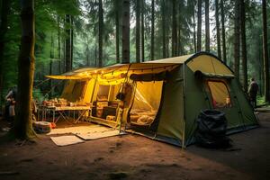 A large tourist tent is lit by lanterns in the evening in the forest. There are people near the tent and they are preparing dinner. AI Generative photo