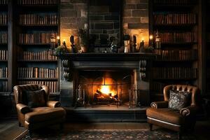 AI Generative. Fireplace room with warm fire surrounded by bookshelves and comfortable armchairs. Horizontal photo