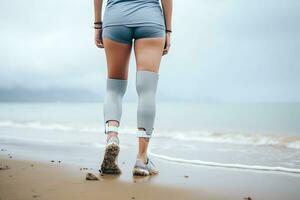 prótesis en el piernas de un joven discapacitado mujer. un mujer soportes en el costa en nublado clima con su espalda a el cámara. piernas cerca arriba. ai generativo foto